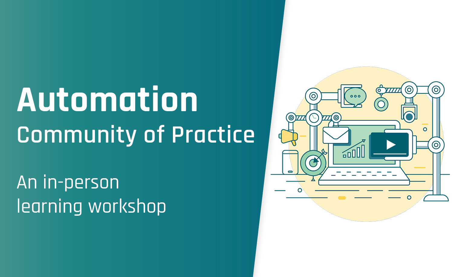 Event: Automation community of practice flyer, graphics with computer, video and chat icons