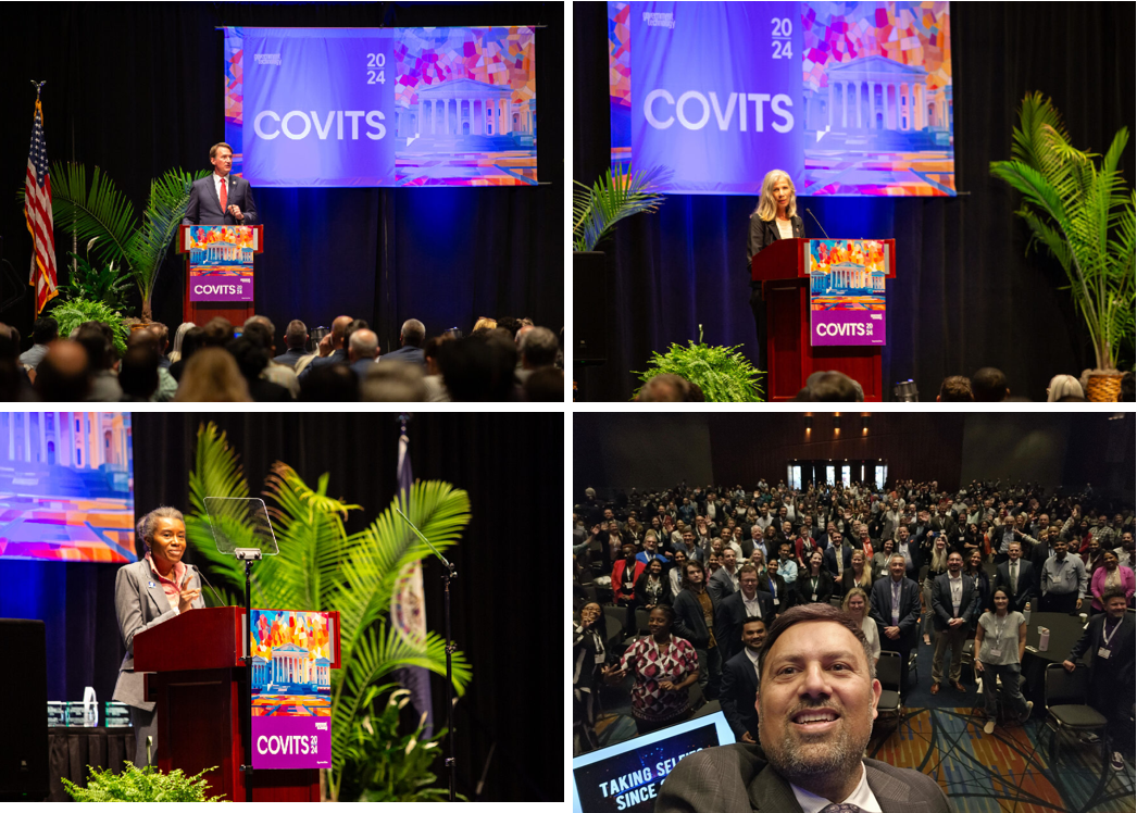 Four photos arranged in a square collage of the COVITS 2024 event. One features Governor Youngkin at the podium, one features Secretary Lyn McDermid at the podium, the third is Lt. Gov. Winsome Earle-Sears at the podium, and the final photo is of featured speaker Saby Waraich posing for a selfie with the crowd of COVITS attendees behind him.