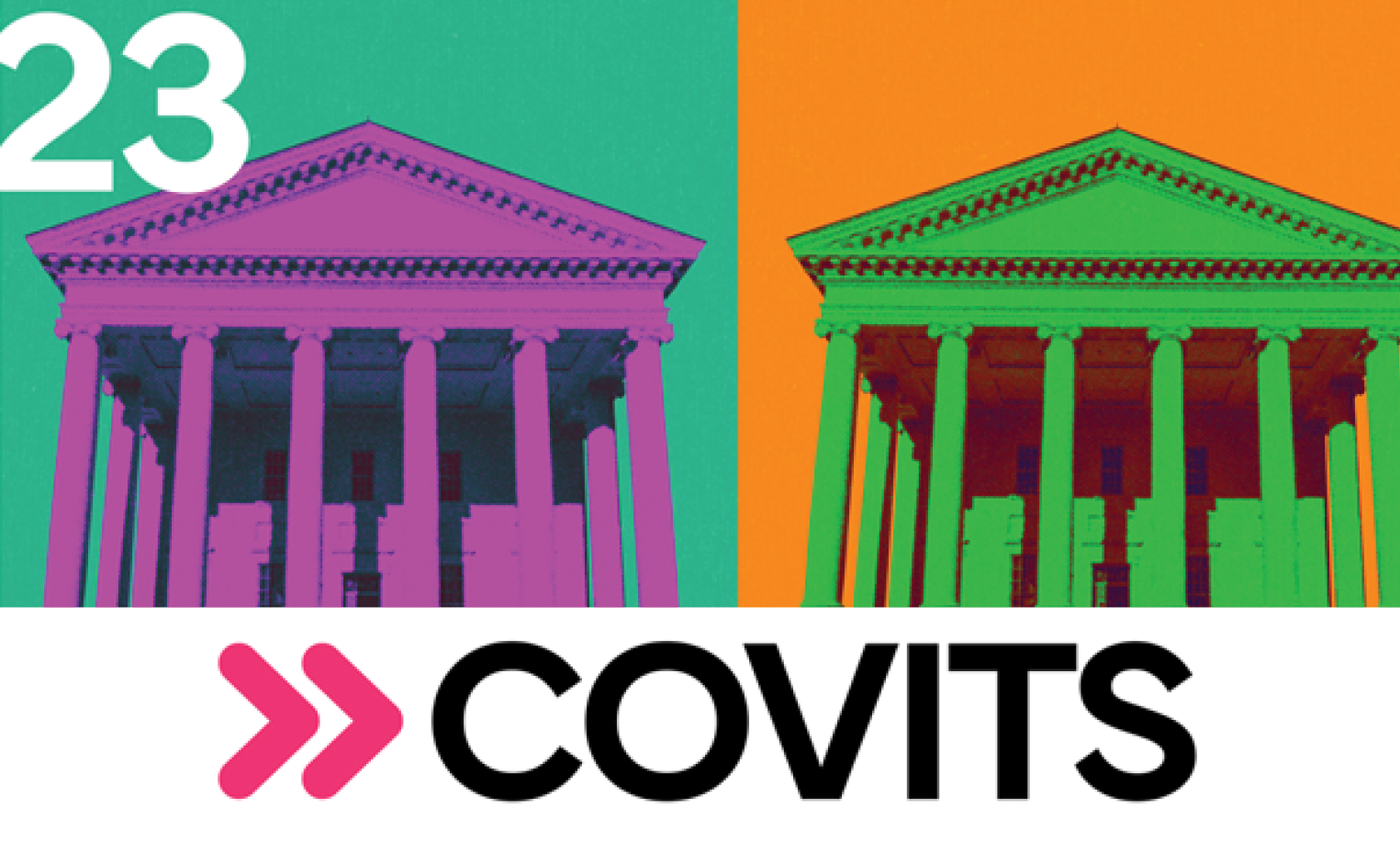Conference imagery for COV IT symposium (COVITS), multicolored, Andy Warhol style images of the Virginia Capitol
