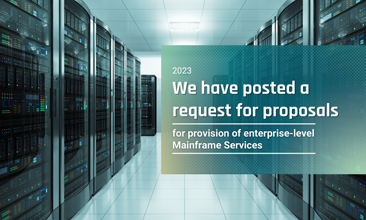 A hallway of servers, blue/green tinted, with text about posting a new RFP for mainframe services