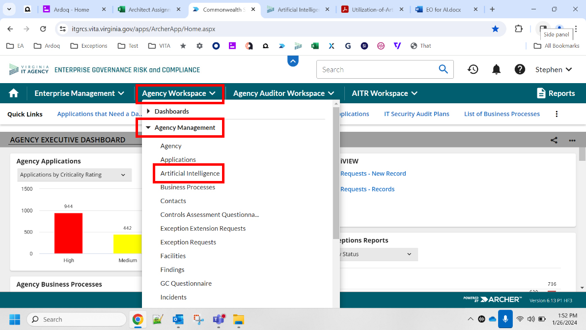 screenshot with the Agency Workplace option highlighted in the top-navigation bar, Agency Management selected in the first dropdown, and Artificial Intelligence selected in the second dropdown