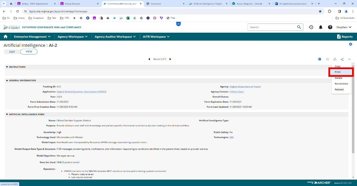 screenshot with Print selected in the dropdown under the ellipsis icon