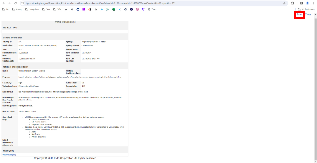 screenshot with the Print option selected in the upper-right of the form