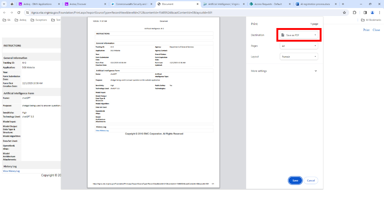 screenshot with Save as PDF selected in the Destination dropdown in the far-right Print menu
